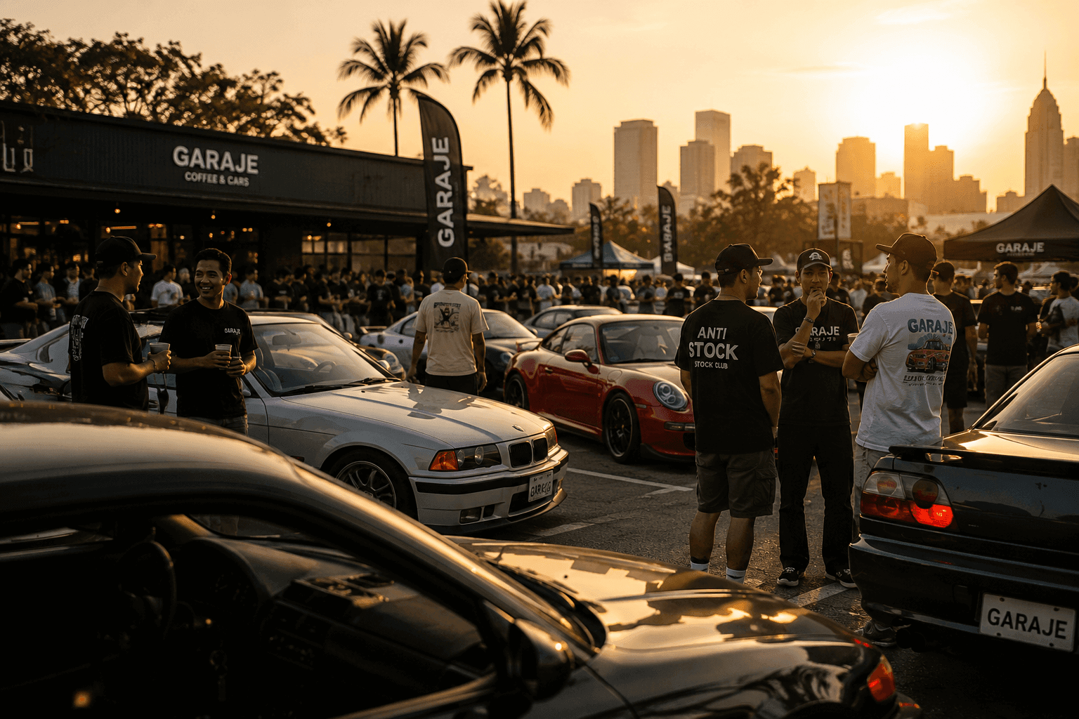 Car people gathered at a Garaje Coffee & Cars meet at sunset