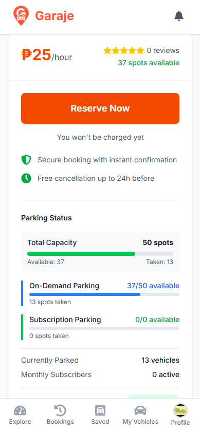 Mobile view of real-time availability