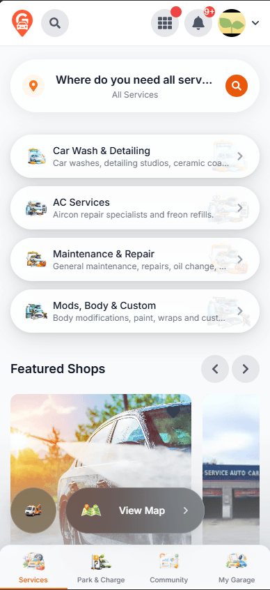 The Garaje app showing car services on mobile
