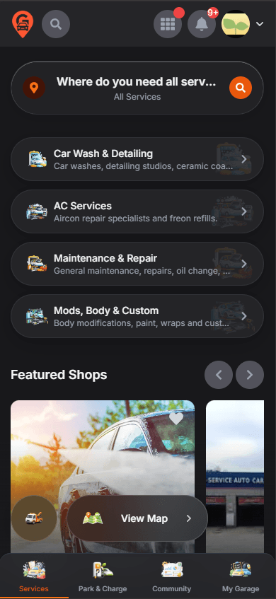 The Garaje app showing car services on mobile